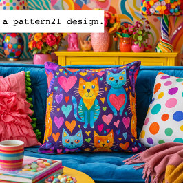 Bold color kittens and hearts purple pattern クッション