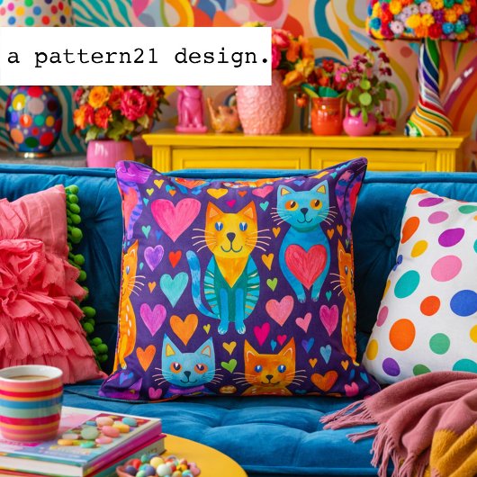 Bold color kittens and hearts purple pattern クッション