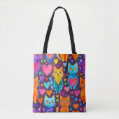 Bold color kittens and hearts purple pattern トートバッグ (正面)