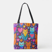 Bold color kittens and hearts purple pattern トートバッグ (裏面)