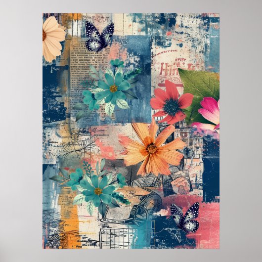 Bold Colorful Boho Floral Butterfly Abstract Art ポスター (正面)