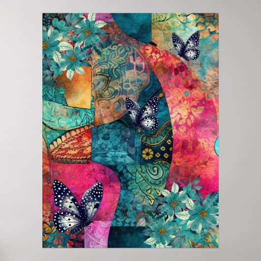 Bold Colorful Boho Floral Butterfly Abstract Art  ポスター (正面)