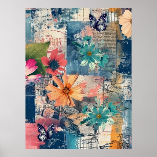 Bold Colorful Boho Floral Butterfly Abstract Art  ポスター (正面)