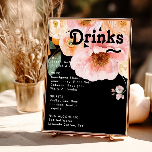 Bold Colorful Floral | Black Wedding Drinks Menu ポスター