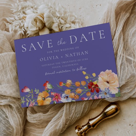 Bold Colorful Watercolor Wildflower Purple Wedding セーブザデート