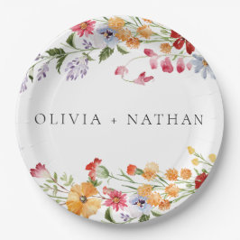 Bold Colorful Watercolor Wildflowers Wedding ペーパープレート
