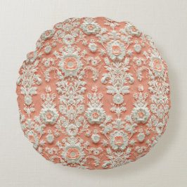 Bold Coral Lace-Effect Round Throw Pillow ラウンドクッション