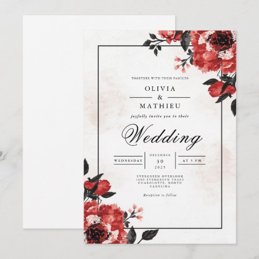 Bold Crimson Bloom Wedding 招待状 (正面/裏面)