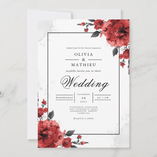 Bold Crimson Floral Wedding 招待状 (正面)