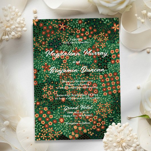 Bold Dark Green Red Floral Earthy Textile Wedding 招待状