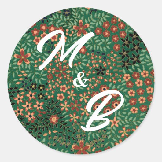 Bold Dark Green Red Floral Textile Pattern Wedding ラウンドシール (正面)