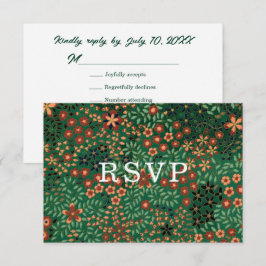 Bold Dark Green Red Floral Textile Wedding Meal 出欠カード