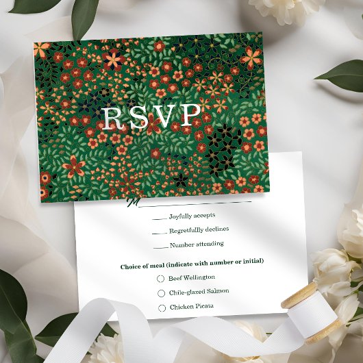 Bold Dark Green Red Floral Textile Wedding Meal 出欠カード