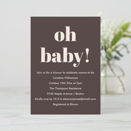 Bold Earthy Brown Modern Fun Simple Baby Shower 招待状 (スタンド正面)