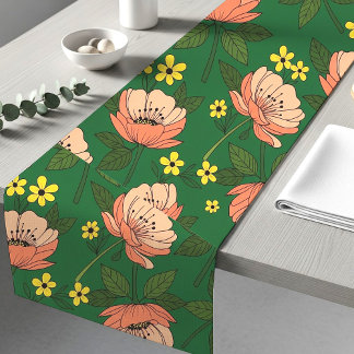 Bold Emerald Green and Peach Modern Floral Pattern ショートテーブルランナー