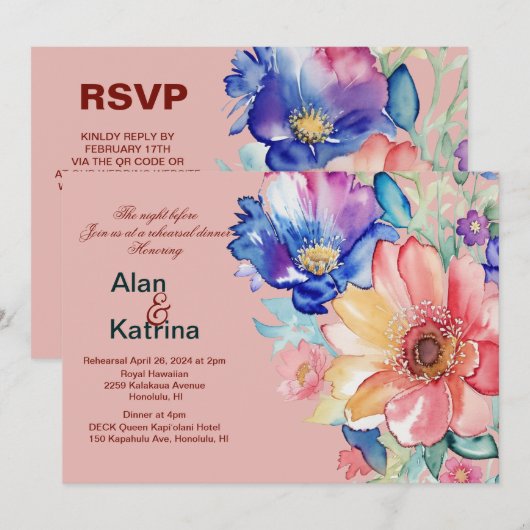 Bold Floral Coral Pink Rehearsal Dinner 招待状 (正面/裏面)