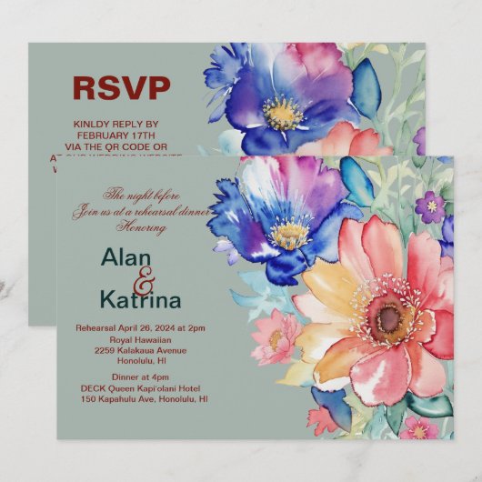 Bold Floral Eucalyptus Green Rehearsal Dinner 招待状 (正面/裏面)