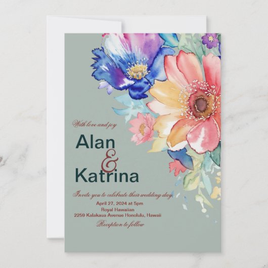 Bold Floral Eucalyptus Green Wedding 招待状 (正面)