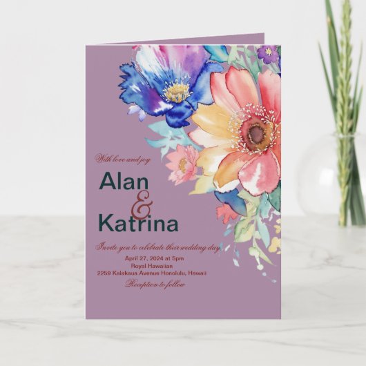 Bold Floral Magenta Wedding Folded 招待状 (正面)
