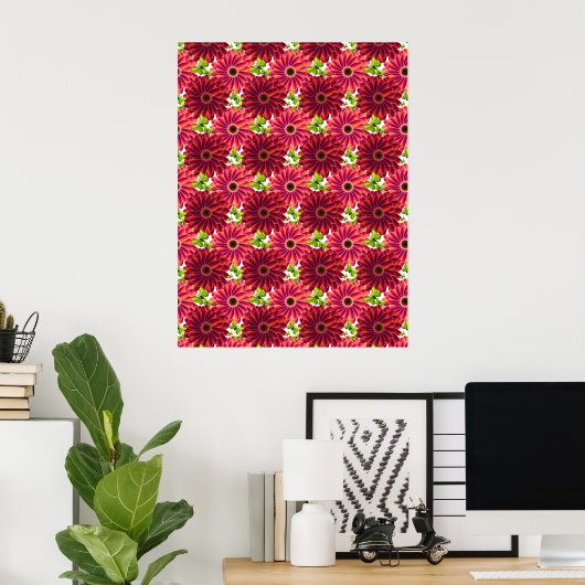 Bold Floral Pattern with Butterflies | Vibrant Red ポスター (ホームオフィス)