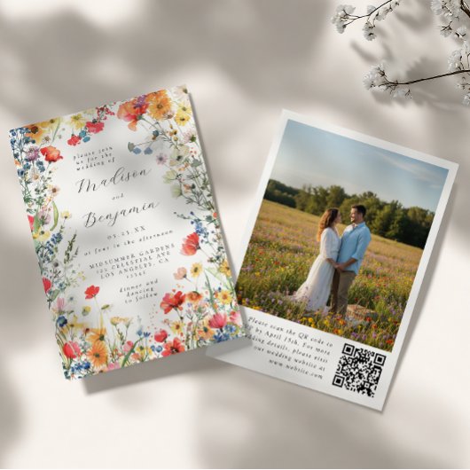 Bold Floral QR Code Photo Wedding 招待状