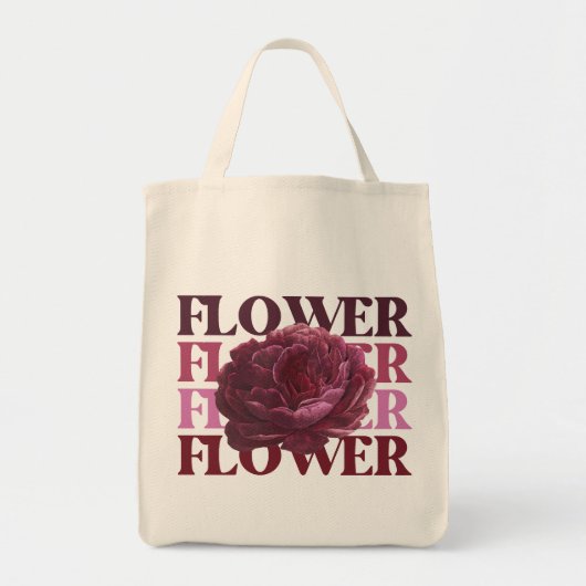 「Bold FLOWER Typography」フラワーモチーフの食料品トート トートバッグ (正面)