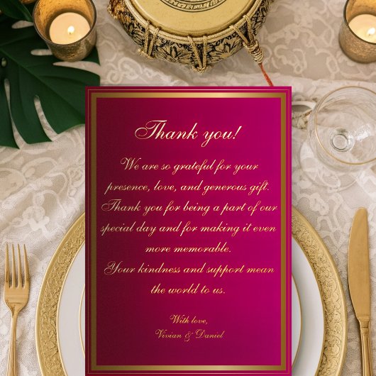 Bold Fuchsia and Gold Wedding Thank You Card 箔招待状