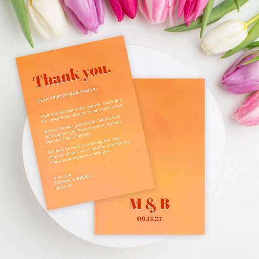 Bold Fun Modern Orange Sunset Monogram Wedding サンキューカード