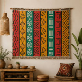 Bold Geometric Tribal Pattern in Orange Red Teal a スローブランケット