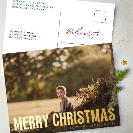 Bold Gold Elegant Merry Christmas Family Photo 箔シーズンポストカード