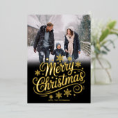Bold Gold Snowflakes Script Merry Christmas Photo 箔シーズンカード (立ち正面)