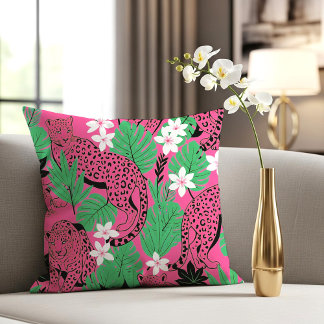 Bold Hot Pink Leopard Tropical Jungle Seamless Pat クッション