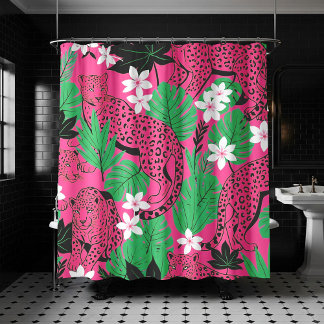 Bold Hot Pink Leopard Tropical Jungle Seamless Pat シャワーカーテン