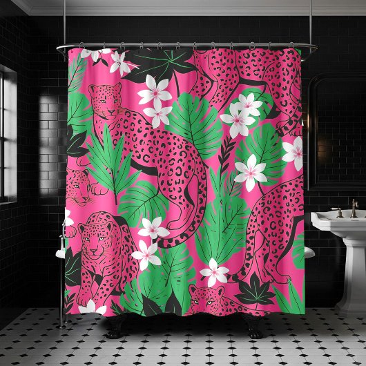 Bold Hot Pink Leopard Tropical Jungle Seamless Pat シャワーカーテン
