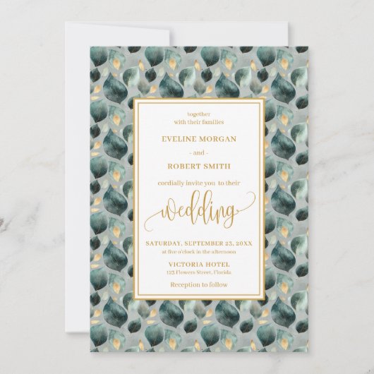Bold Hunter Green Gold Greenery Wedding Invitation 招待状 (正面)
