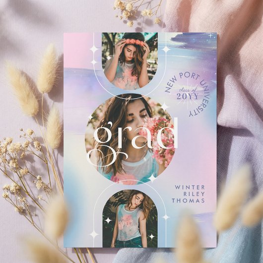 Bold Iridescent Watercolor Photo Grad Announcement 招待状