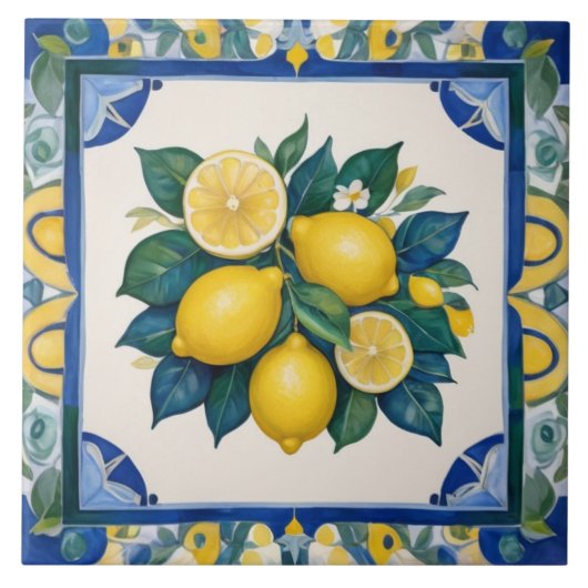 Bold Lemons Dark Blue Green Yellow Lemon タイル (正面)