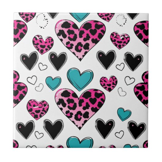 Bold Leopard Heart Love – Pink, Black & Teal (2) タイル (正面)