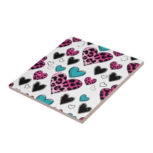 Bold Leopard Heart Love – Pink, Black & Teal (2) タイル (側面)