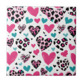 Bold Leopard Heart Love – Pink, Black & Teal (3) タイル (正面)