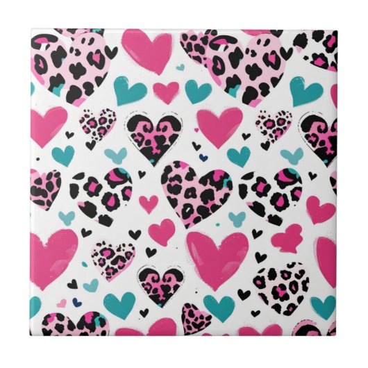 Bold Leopard Heart Love – Pink, Black & Teal (3) タイル (正面)