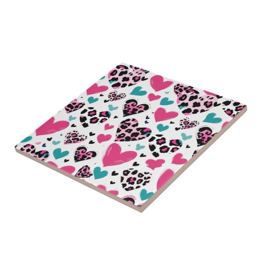 Bold Leopard Heart Love – Pink, Black & Teal (3) タイル (側面)