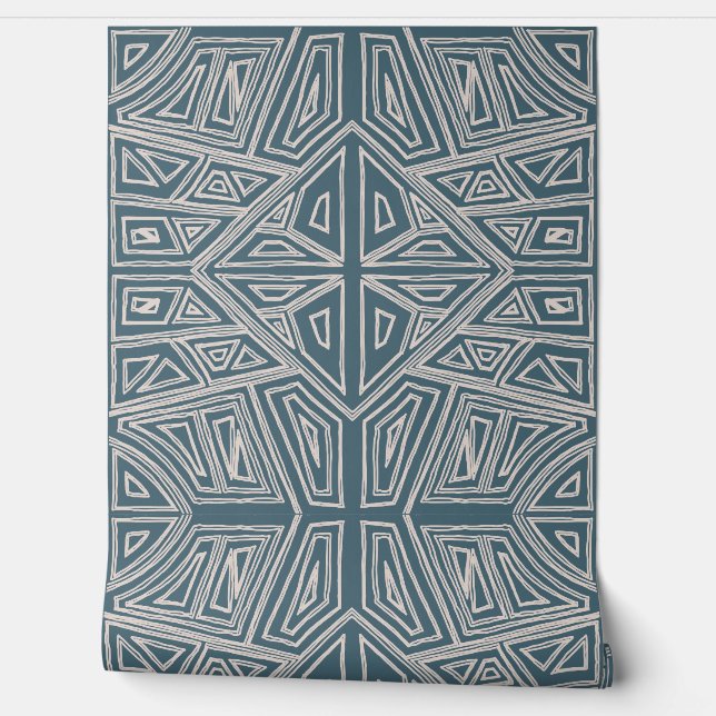 Bold Lines - Symmetrical Tile - Teal and Beige  壁紙 (ほどく)