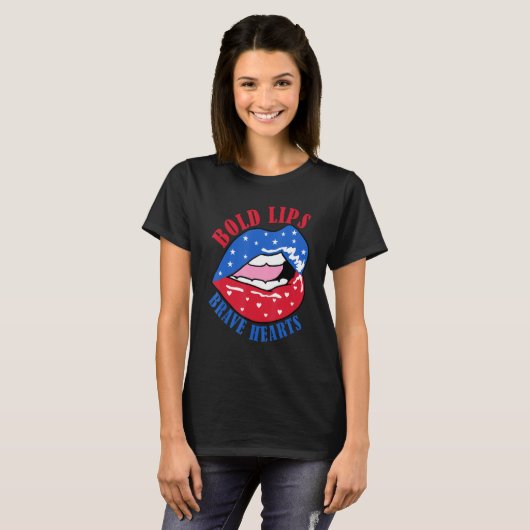 Bold Lips Brave Heart US American Flag Patriotic L Tシャツ (正面フル)