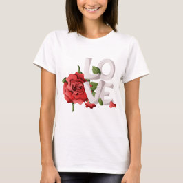 Bold Love Typography with Romantic Red Rose Leaves Tシャツ