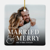 Bold Married & Merry Wedding Photo Newlywed セラミックオーナメント (裏面)