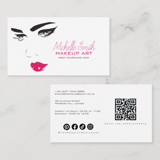 Bold Minimalist Pink Black Modern Makeup Artist QR 名刺 (正面/裏面)