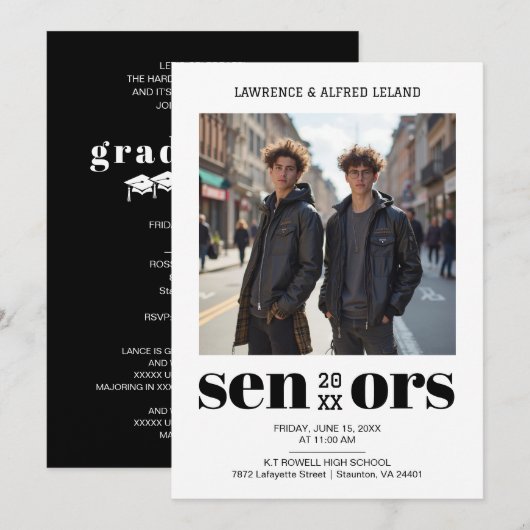 Bold Moderm Twins Sibling Seniors Graduation TMF26 招待状 (正面/裏面)