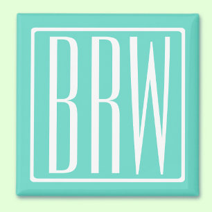 Bold Modern 3 Initials Monogram White On Aqua マグネット