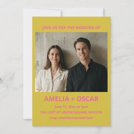 Bold Modern Chartreuse Pink Yellow Wedding Photo 招待状 (正面)
